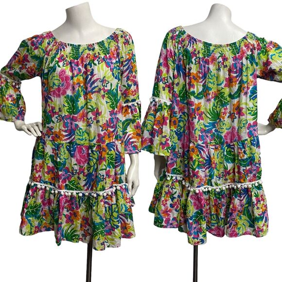 True Destinations Women's Sz Large Floral Off Shoulder Mini Dress Tiered Aloha - Picture 1 of 12